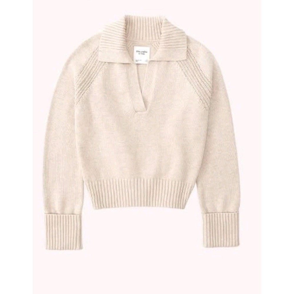 Abercrombie & Fitch Sz S Heathered Oatmeal Collared Notch Neck Knit Sweater - Picture 3 of 9